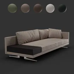 Detailed Blender 3D model of a modern sofa with cushions and metal legs.