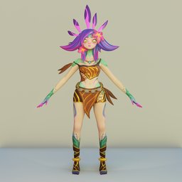 Detailed 3D model of a vibrant, colorful female creature with chameleon features ready for Blender animation.