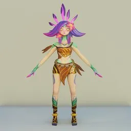 "Neeko, the colorful and elegant creature, modeled in Blender 3D. Inspired by Li Fangying and Lux from League of Legends, this forestpunk character is perfect for mobile game assets. Featuring iridescent hair and a gold skin outfit, Neeko is a standing model that evokes a dancer or Twitch streamer vibe."