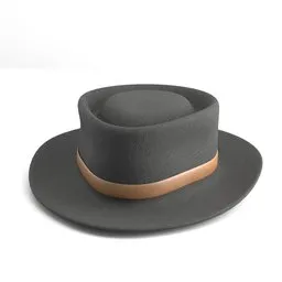 Realistic 3D model of a stylish black felt hat with a brown leather band, suitable for fashion renderings in Blender.