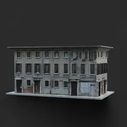 "Old Urban Building 3D Model for Blender 3D: A background asset with a lot of windows and roof, inspired by Fernando Gerassi and perfect for public scenes. Modeled in Blender 3D using a single image reference."