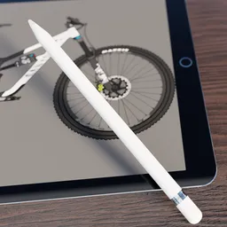 Highly detailed Blender 3D model of a digital stylus resting on a tablet with a bicycle rendering onscreen.