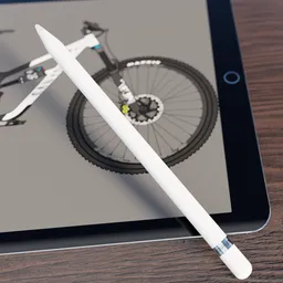 "3D model of the 1st gen Apple Pencil designed for use with tablets. Rendered with hyper-realism and toon rendering techniques, this monochrome pencil is perfect for printing. Eye-level perspective image showcases the pencil's design."