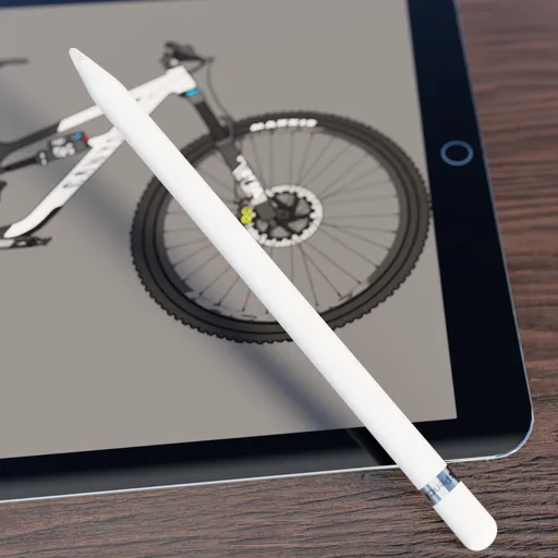 Highly detailed Blender 3D model of a digital stylus resting on a tablet with a bicycle rendering onscreen.