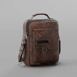 Detailed 3D model of a textured vintage leather messenger bag with zipper and strap, ideal for digital design and animation.