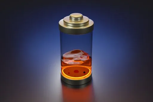 3D-rendered battery model with glowing orange liquid, Blender compatible, for creative design use.