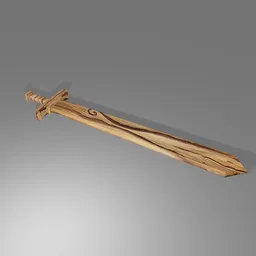 3D wooden sword model with detailed carving, ideal for Blender animation and game asset design.