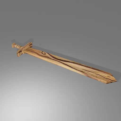 3D wooden sword model with detailed carving, ideal for Blender animation and game asset design.