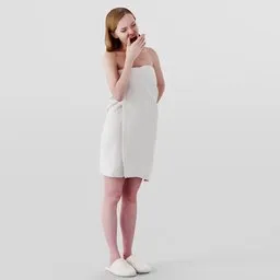 Blonde 3D model in white towel yawning, ideal for Blender renderings of daily routines.