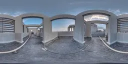 360-degree panoramic HDR image featuring urban rooftop at sunset with dramatic skies ideal for scene lighting.