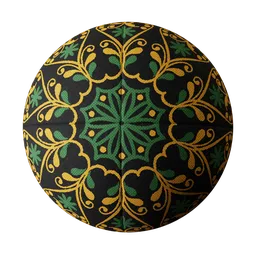 Detailed PBR texture for 3D rendering, showcasing black fabric with ornate green and gold embroidery, suitable for Blender.