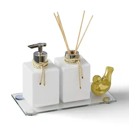 Realistic 3D-rendered bathroom accessories set including a soap dispenser, stick diffuser, and decorative item on a clear base.
