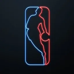 "Get your game on with this vibrant NBA Neon Sign 3D model, perfect for Blender 3D. Featuring a basketball player in stylized border with red and blue lighting, inspired by Ernest Hébert and equipped with the iconic NBA logo, this sketched 4K model glows with a gradient darker to the bottom. Ideal for esports logos or as a favicon, this CRT-inspired neon sign even features a person standing in front of it on an iPhone video."