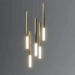 "Modern asymmetrical gold ceiling lamp with five hanging lights, inspired by Frederik Vermehren. Ultra-detailed 16k design with subtle atmospheric lighting and movement effects. Perfect for Blender 3D modeling and featured on 9 9 Designs."