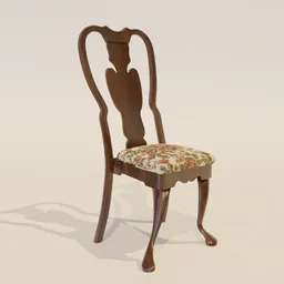 "Antique Style Walnut Dining Chair with Floral Upholstered Seat 3D Model for Blender 3D - Perfect for Dining Sets and Home Decor"
