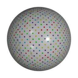 High-quality PBR Blender 3D material of colorful polkadot pattern on wrapping paper for festive designs.