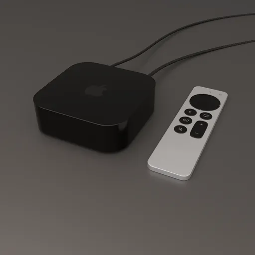 Realistic 3D Blender model of Apple TV and remote on a dark surface for 3D rendering and animation.
