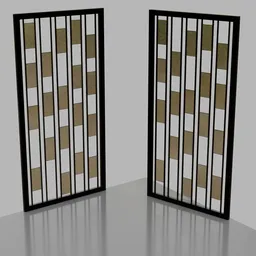 "Metal partition with frosted glass doors for interior decor in 3D Blender software. Inspired by Charles Rennie Mackintosh, designed with a black and white color scheme and brass plated details. Created by Don Arday and modeled in Solidworks."