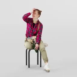 3D model of a smiling woman in plaid shirt and cargo pants sitting on a chair, compatible with Blender.