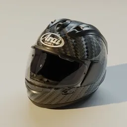 "Highly detailed carbon fiber Arai RX-7V RC motorcycle helmet 3D model for Blender 3D. Perfect for motorcycle racing enthusiasts looking for premium headwear with intricate surface blemishes and inspired by Hiroshi Honda. Available on Gumroad."