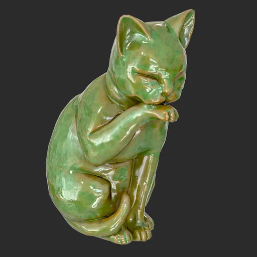 Grooming cat ceramic statue