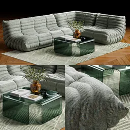 Sofa With Table  - Plant - Book - Glass