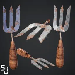 Detailed 3D model of garden tools with realistic wood and metal textures, perfect for Blender rendering projects.