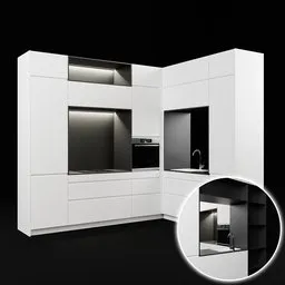 Modern 3D modeled L-shaped kitchen with built-in ovens and reflective surfaces, rendered in Blender.