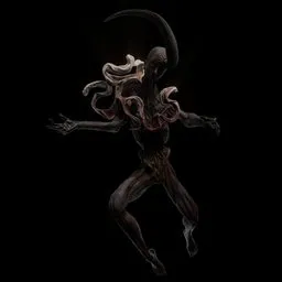 "Blender 3D model of a monster creature - elegant floating pose, ivory skin, weird face and head. Perfect for concept art and inspired by a From Software game. Dark blurry background adds to the spooky vibe."