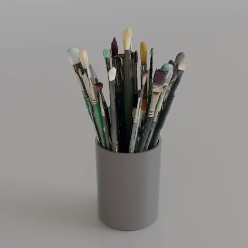 Realistic Blender 3D model featuring a collection of textured paintbrushes in a holder for art-related digital scenes.