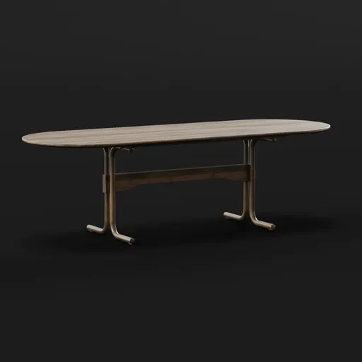 Elegant 3D wooden dining table with brass accents, suitable for Blender renderings.