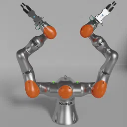 Detailed 3D render of a dual-arm KUKA LBR Iiwa robot with RG6 grippers and a flexible vision system for Blender AI projects.