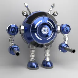 "Low poly scifi robot model with metallic spheres for a head and legs, ideal for game assets. Symmetrical full body rendering with a shield and blue color scheme. Created with Blender 3D software."