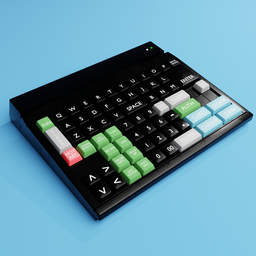 Detailed 3D model of a modern keyboard with integrated card reader and labeled keys, compatible with Blender 3D software.
