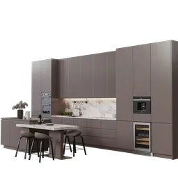 Detailed modern kitchen 3D model with appliances and furniture designed for Blender, rendered with Cycles in centimeter scale.