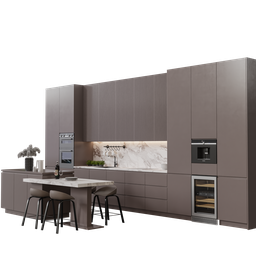 Detailed modern kitchen 3D model with appliances and furniture designed for Blender, rendered with Cycles in centimeter scale.