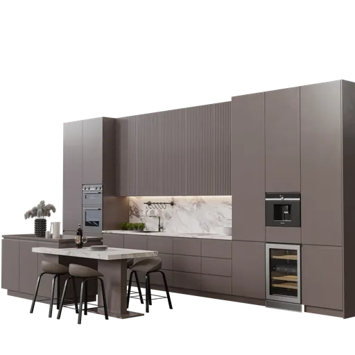 Detailed modern kitchen 3D model with appliances and furniture designed for Blender, rendered with Cycles in centimeter scale.