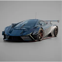Detailed 3D model of a blue racing car with custom livery, designed for Blender with editable procedural materials.
