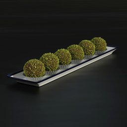 Realistic 3D model of a dessert plate with chocolate pistachio truffles for Blender rendering.