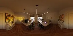360-degree HDR panorama of a cozy modern office space with desks, computers, and warm lighting.