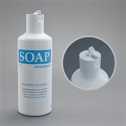 "High-quality 3D model of a utility liquid soap bottle for Blender 3D software, created by Domininc Fegallia. This realistic model features a safe closing cap and UV mapping for effortless label replacement. Ideal for various applications, including retail design, medical equipment visualization, and in-game scenarios."