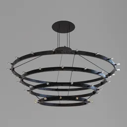 "Metal ring chandelier with LED lights, inspired by Juliette Wytsman and featuring mechanical accents and chains. 3D model created in Blender 3D."