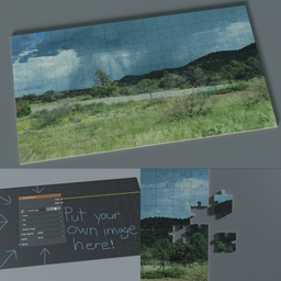 "Customizable 180 Piece Jigsaw Puzzle 3D Model for Blender 3D - Landscape Imagery Swapable" - This customizable puzzle model in Blender 3D comes with a default landscape imagery but can be easily swapped out to any picture of your choice. With 180 pieces, individual pieces can be moved around or mixed up to your desired jigsaw puzzle.