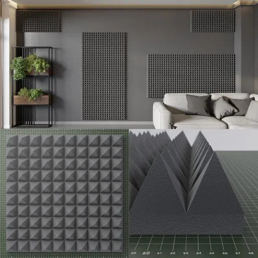 3D Blender model of a customizable acoustic foam panel with pyramid design, showcasing color variation and structure.