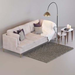 "High-quality 3D model of a sofa set featuring an arafed white couch, pillows, table with a lamp, and a rug on a textured base. Created by Jesper Knudsen, this realistic and beautifully rendered model is perfect for Blender 3D users looking to enhance their interior design projects. Explore this exquisite decorative model available at our store website."