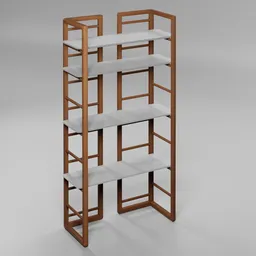 Modern 3D rendered wooden bookshelf with five white shelves, optimized for Blender visualization.