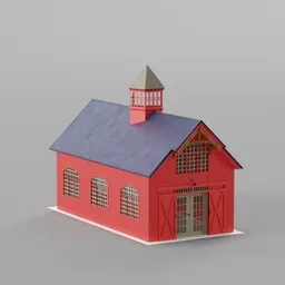 "Blender 3D model of a barn yard storage with blue roof and steeple, featuring a circus wagon sculpt and New England architecture. Great for 3D printing and farm-themed designs."