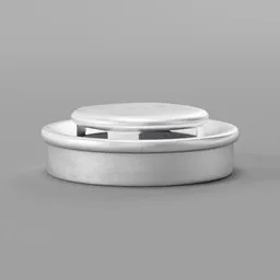 "Metal ventilation pipe lid V02 for Blender 3D - monochrome 3D model featuring a white lid on a silver container with a dip-switch and connector, inspired by Jean-Baptiste Pater's designs. Useful for outdoor design and mist filters, viewed from a bottom perspective."