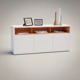 "White wood furniture console with decorative elements, rendered in octane with a sharp-nosed design featuring rounded edges. This 3D model for Blender 3D showcases a coherent and stylish adult swim-inspired style, perfect for bedroom designs and transportation renderings."