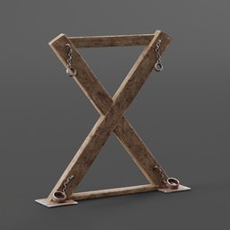 "3D model of a prison torture cross created with Blender 3D software, featuring chains and a wooden structure. This model is perfect for art projects and depictions of human suffering."